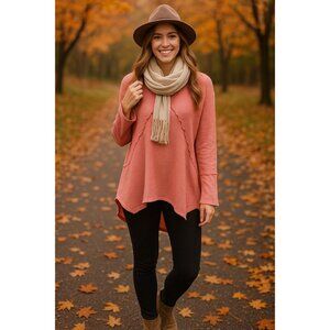 Ragdoll Lockets Pullover Waffle Knit Top L Pink Oversized Cozy Chic Minimalist